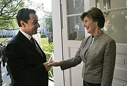 Sarkozy greets U.S. First Lady Laura Bush in Germany, June 2007.