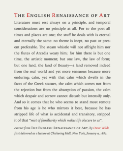 Text typeset example in Iowan old style roman, italics, and small caps, optimized at approximately ten words per line, typeface sized at 14 points on 1.4 × leading, with 0.2 points extra tracking using an extract of a lecture by Oscar Wilde The English Renaissance of Art, 1882
