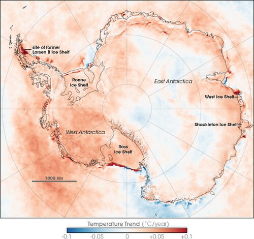 Antarctic surface ice layer temperature trends between 1981 and 2007, based on thermal infrared observations made by a series of NOAA satellite sensors.