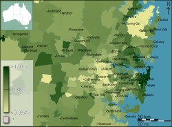People with Hungarian ancestry as a percentage of the population in Sydney divided geographically by postal area, as of the 2011 census