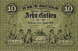 10 guilder bank note from the Bank für Süddeutschland, 1870