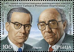 The Nobel Prize in Literature laureates Ivo Andrić (recipient in 1961) and José Saramago (recipient in 1998) pictured on a 2022 Serbian stamp