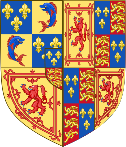 Coat of arms sent from France in July 1559.[48] Sinister: Mary's arms as Queen of Scotland quartered with the arms of England, reflecting her claim to the English throne. Dexter: Francis's arms as Dauphin of France and king consort of Scotland, with an inescutcheon of England.