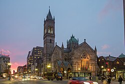 Old South Church, a United Church of Christ congregation first organized in 1669, at Copley Square at sunset