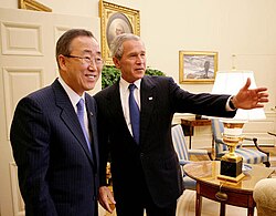 U.S. President George W. Bush talks with United Nations Secretary-General Ban Ki-moon of South Korea in October 2006. In their early meetings, Ban stressed the importance of confronting global warming.