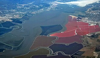 South Bay salt ponds and wildlife refuges, aerial view from the southeast