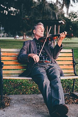 A man playing the violin on a park bench