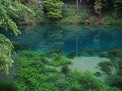 Blautopf with the bright limestone sediments underwater