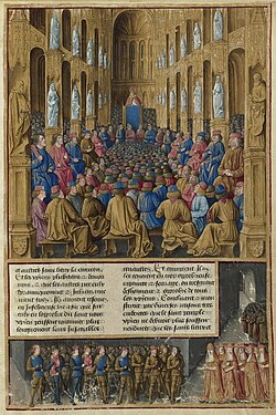 Pope Urban II at the Council of Clermont, where he preached the First Crusade. Illustration by Jean Colombe from the Passages d'outremer, c. 1490.