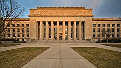 James Burrill Angell Hall (1924) on Central Campus serves as a major academic building for the College of Literature, Science, and the Arts.