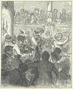 19th-century lithograph by Carl Offterdinger, depicting the premiere of the Ninth Symphony. Beethoven stands in the centre.