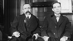 Anarchist trial defendants Sacco and Vanzetti in handcuffs