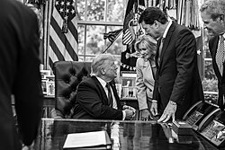 President Donald Trump speaks with U.S. Senators Marsha Blackburn and Bill Hagerty after signing a Presidential Memorandum that will deploy the National Guard to Memphis.