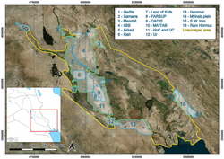 Satellite image of Mesopotamia (with the Persian Gulf in the lower right corner) indicating the areas that have been subjected to regional surveys (in blue) over the past decades