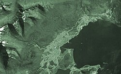 Satellite view of Ushuaia and its bay
