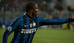 Eto'o playing in the UEFA Champions League with Inter Milan, a competition he would win for the third time in his career