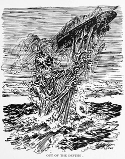 American cartoon by Oscar Cesare showing the sinking of the Lusitania. Sinkings of passenger vessels without warning incensed neutral opinion.
