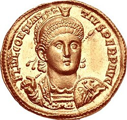 Solidus of Constantius II with a three-quarter facing portrait, struck c. 355. This obverse later served as the model for most Byzantine coinage after 395.[121]