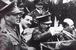 Lt. Perón (left) and General José Uriburu (middle), with whose right-wing coup in 1930 he collaborated. Perón backed the more moderate General Agustín Justo, however.