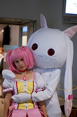 Madoka Kaname and Kyubey from Puella Magi Madoka Magica during Tracon 2013 event at the Tampere Hall in Tampere, Finland