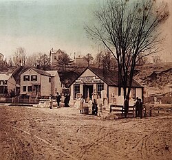 Northernmost section of Broadway in North Tarrytown (now Sleepy Hollow) at the turn of the 20th century, before the road was improved with macadam surfacing