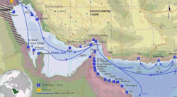 Purple – Portuguese in the Persian Gulf in the 16th and 17th century. Main cities, ports, and routes.