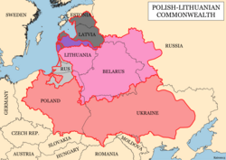 The Polish–Lithuanian Commonwealth at its maximum extent in 1619, superimposed on modern borders. Poland and the Polish Crown exercised power over much of Ukraine after 1569. Crown of the Kingdom of Poland Grand Duchy of Lithuania Duchy of Livonia Duchy of Prussia, Polish fief Duchy of Courland and Semigallia, Commonwealth fief