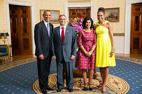 Cape Verdean President Jorge Carlos Fonseca and Lígia Fonseca meet with US President Barack Obama and Michelle Obama at the White House in 2014.