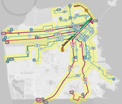 A 2019 map showing all Muni routes that run on Market Street