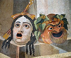Theatrical masks of Tragedy and Comedy, a Roman mosaic, 2nd century AD, at the Capitoline Museums in Rome