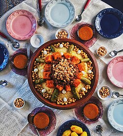 Fresh Moroccan couscous with vegetables and chickpeas
