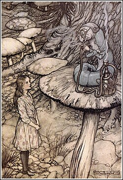 A 1907 illustrations by Arthur Rackham of the Caterpillar talking to Alice in Alice's Adventures in Wonderland