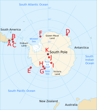 Positions of Farthest South records: pre-1521 possibly by Yaghan people (B), 1521 by Ferdinand Magellan (A), 18th century by James Cook (D/E), early 19th century by James Weddell (F) and James Clark Ross (G) and around the turn to the 20th century from 1900 by Carsten Borchgrevink (H), after landing and setting up base for the first time on Antarctica, to Roald Amundsen reaching the South Pole in 1911 (K).