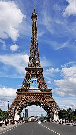The Olympic rings on the Eiffel Tower during the Games