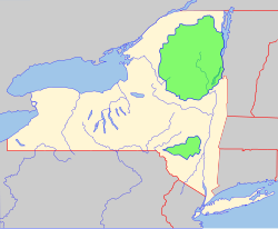 Two major New York state parks (in green), Adirondack Park (north) and Catskill Park (south)