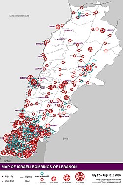 Areas in Lebanon targeted by Israeli bombing, 12 July to 13 August 2006