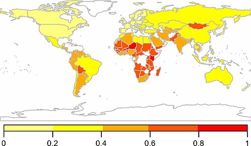 A map of countries considered most and least vulnerable to adverse impacts of climate change on their grazing livestock[73]