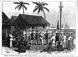 Hoisting of the German flag at Mioko in 1884