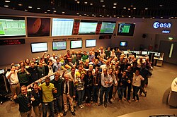Flight controllers at ESA's ESOC celebrating end of LEOP for Sentinel-2A