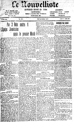 Le Nouvelliste (a Haitian newspaper) of 25 March 1925 describing the encounter between Haiti and Jamaica, who played their first official match on 22 March 1925 against their Caribbean neighbors in Haiti. Haiti was defeated 1–2 to the Jamaicans, as the first goal in Haiti's history was scored by Painson in the 86th minute.[10][11]