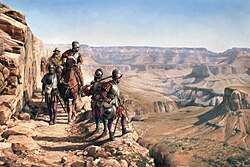 La conquista del Colorado (2017), by Augusto Ferrer-Dalmau, depicts Francisco Vázquez de Coronado's 1540–1542 expedition. García López de Cárdenas can be seen overlooking the Grand Canyon.