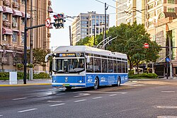 A Sunwin trolleybus in Shanghai, on the world's oldest operating trolleybus system