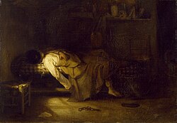 In this painting by Alexandre-Gabriel Decamps, the palette, pistol, and note lying on the floor suggest that the event has just taken place; an artist has taken his own life.[310]