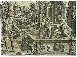 The Transformation of Actaeon, etching by Jean Mignon, 430 x 574 mm, 1550s?, without its very elaborate frame. Actaeon is shown three times, finally being killed by his hounds. with frame