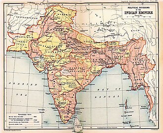 A map of the British Raj in 1909 during the partition of Bengal (1905–1911), showing British India in two shades of pink (coral and pale) and the princely states in yellow