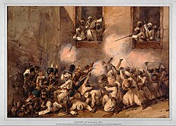 "Lucknow 16 November 1857. The 93rd Highlanders Entering The Breach At The Storming of the Secundrabagh" depicts 93rd Highlanders storming Sikandar Bagh, 17 VCs were awarded for the action.