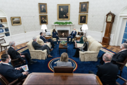 Romney and other Republican Senators meet with President Joe Biden to discuss COVID-19 relief in February 2021.
