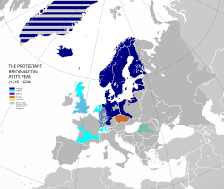 Approximation of the Reformation at its peak, superimposed on modern European borders