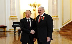 President Alexander Lukashenko shaking hands with Russian President Vladimir Putin, 2015
