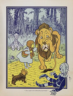 Dorothy Gale meets the Cowardly Lion in The Wonderful Wizard of Oz. Art by W. W. Denslow, 1900.